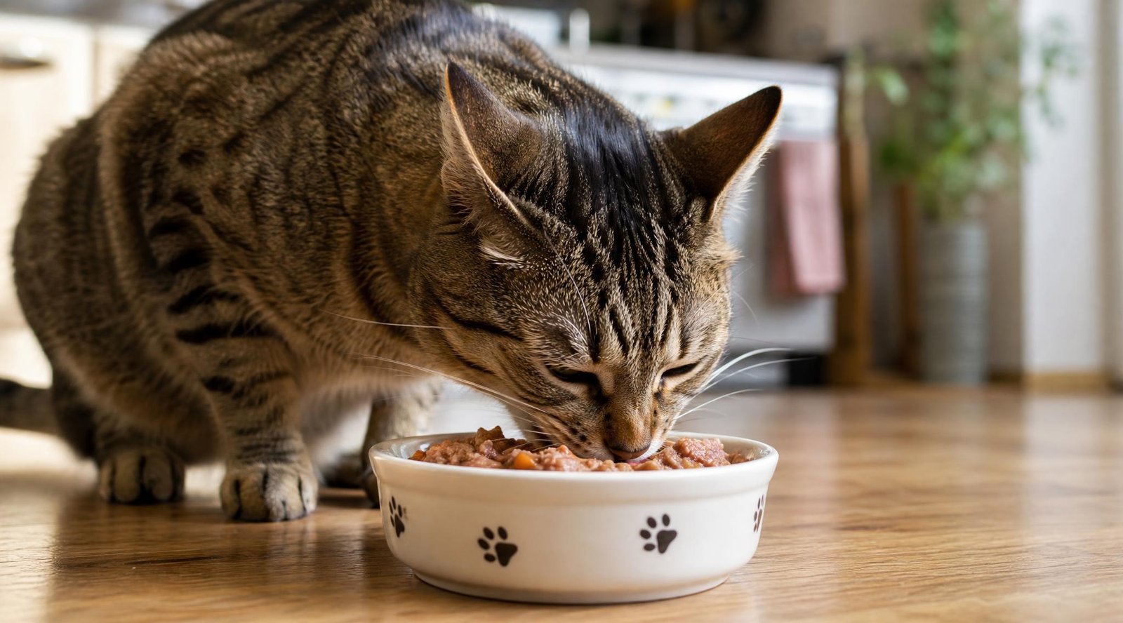Cat eating fresh homemade wet food from a bowl