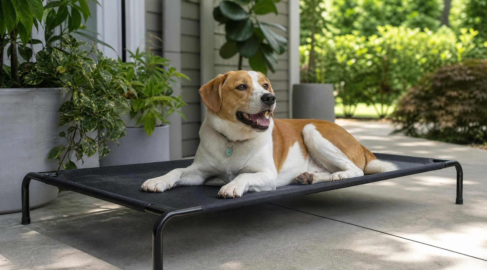 Dog resting on a raised mesh elevated cooling cot on a shady patio