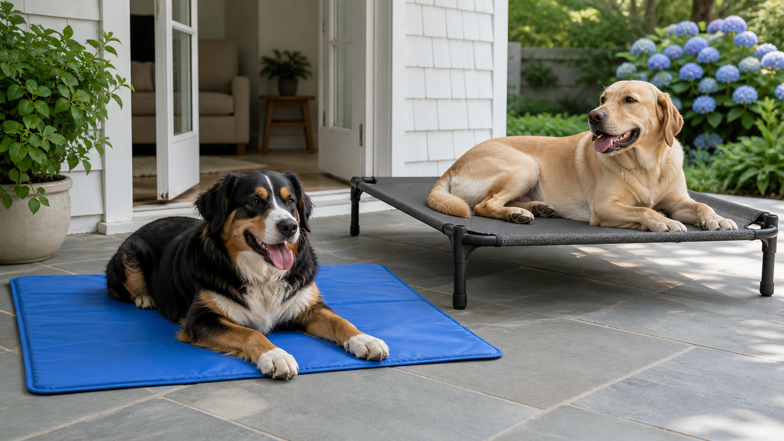 Illustration of dogs resting on a mat and a raised cot in shade