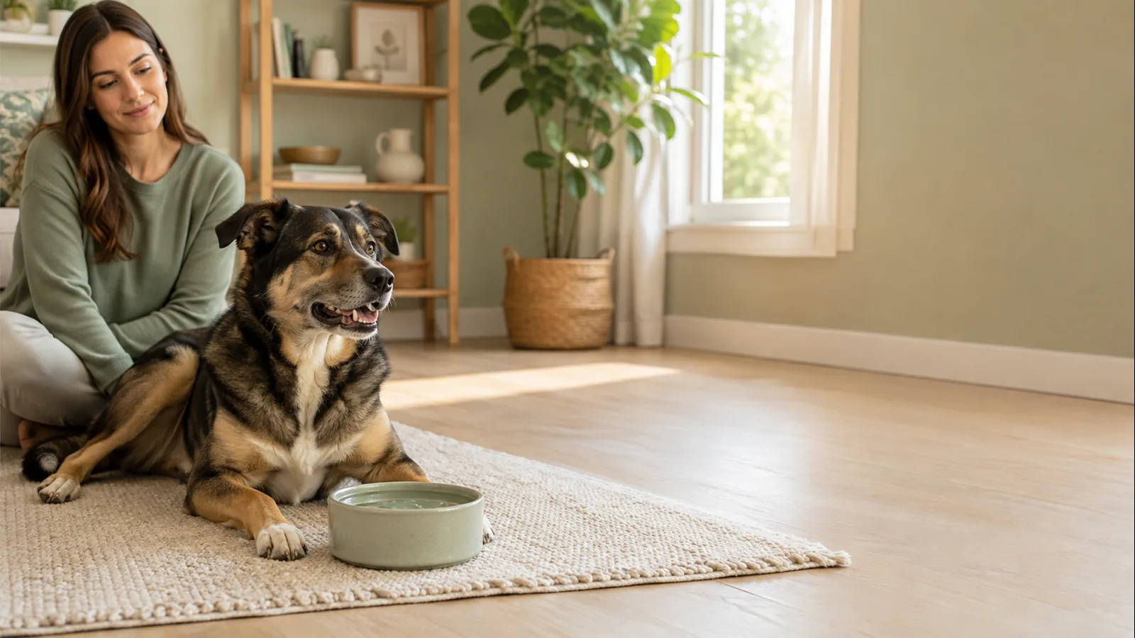 Dog resting beside a fresh water bowl while its owner watches nearby.