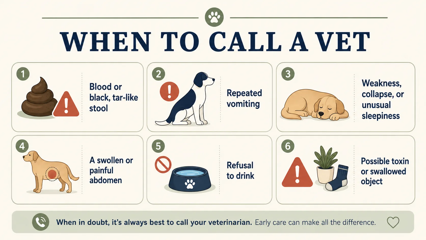Infographic showing six warning signs that require veterinary attention when a dog has diarrhea.