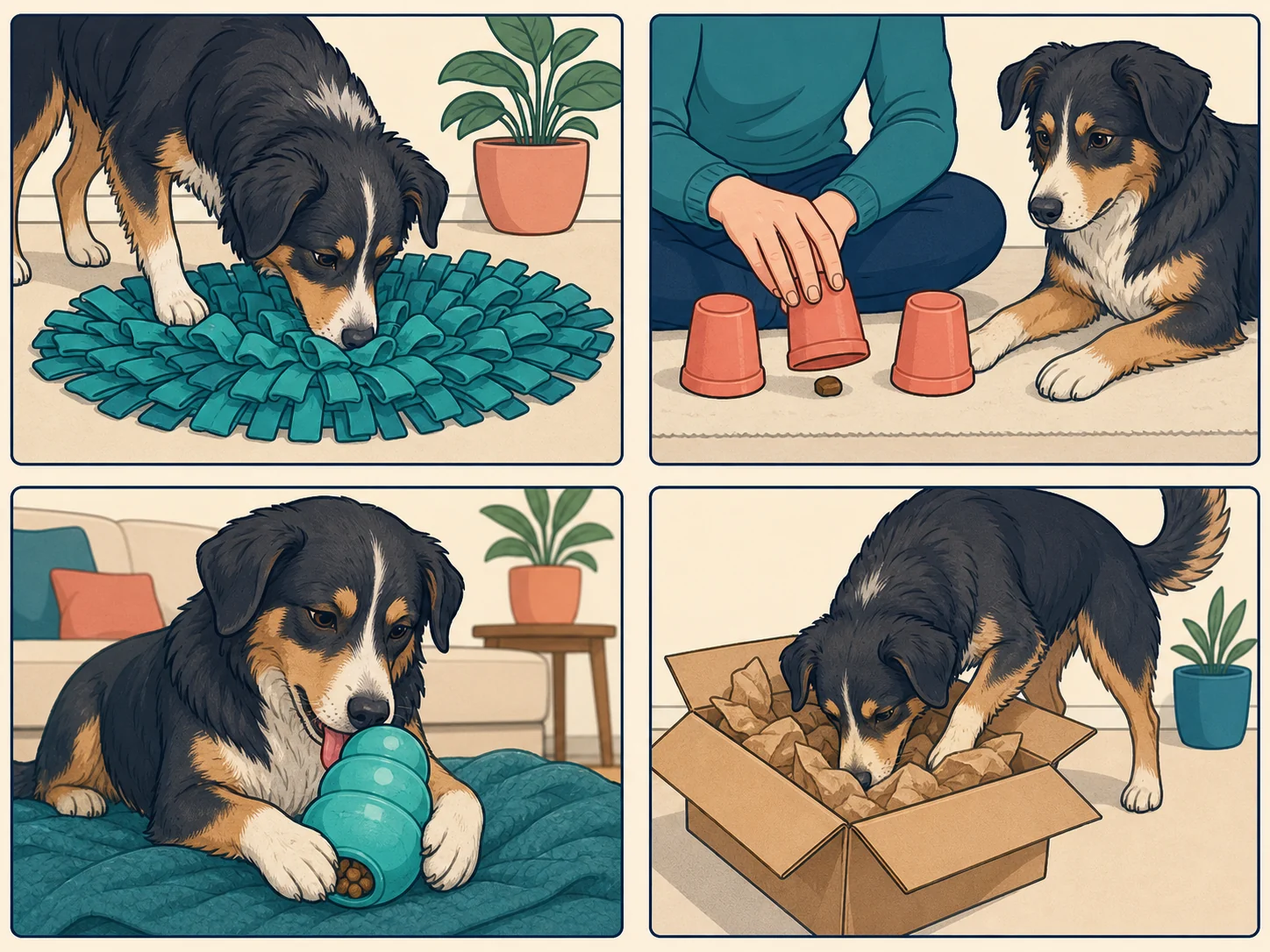 Four practical dog enrichment methods using scent, food, training and play