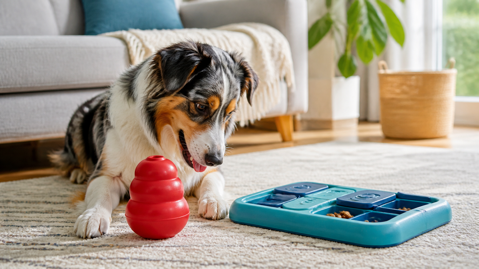 Dog using a fillable rubber toy and a sliding treat puzzle during indoor enrichment