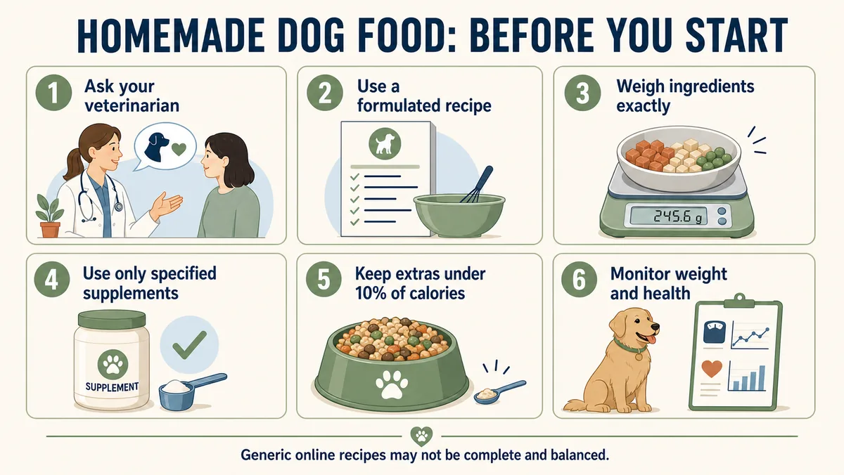 Infographic showing six steps to consider before preparing homemade dog food, including veterinary guidance, exact measurements, and monitoring.