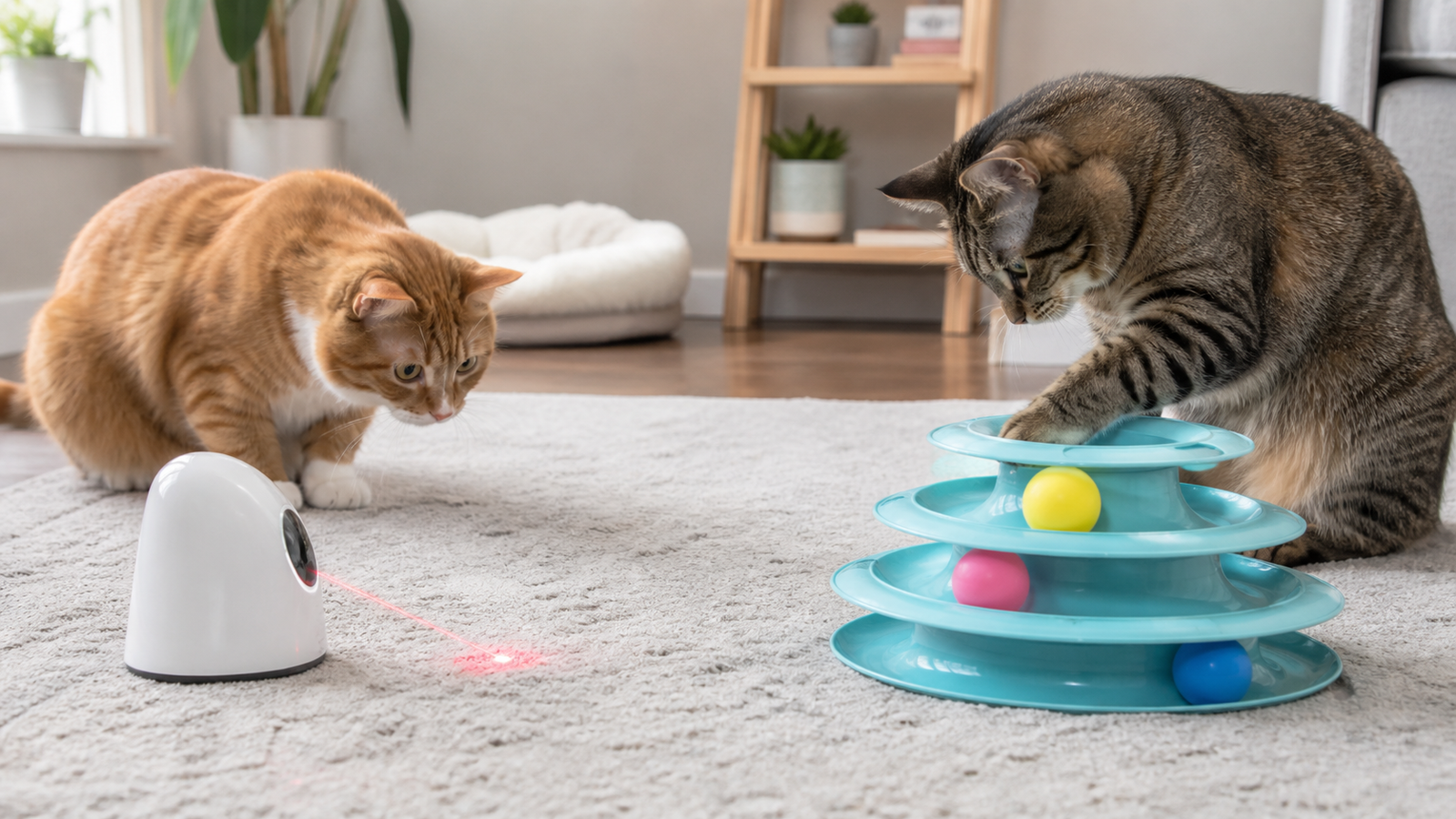 Two indoor cats using a motion-activated chase toy and a multi-level ball track