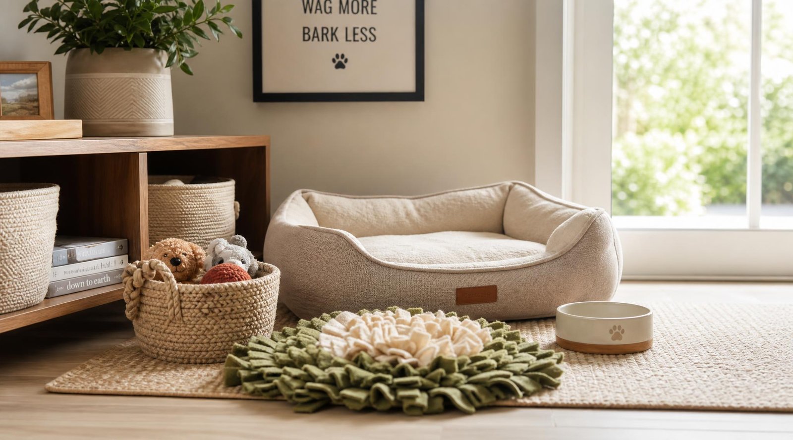 Cozy pet zone corner with a dog bed, toy basket, snuffle mat and water bowl