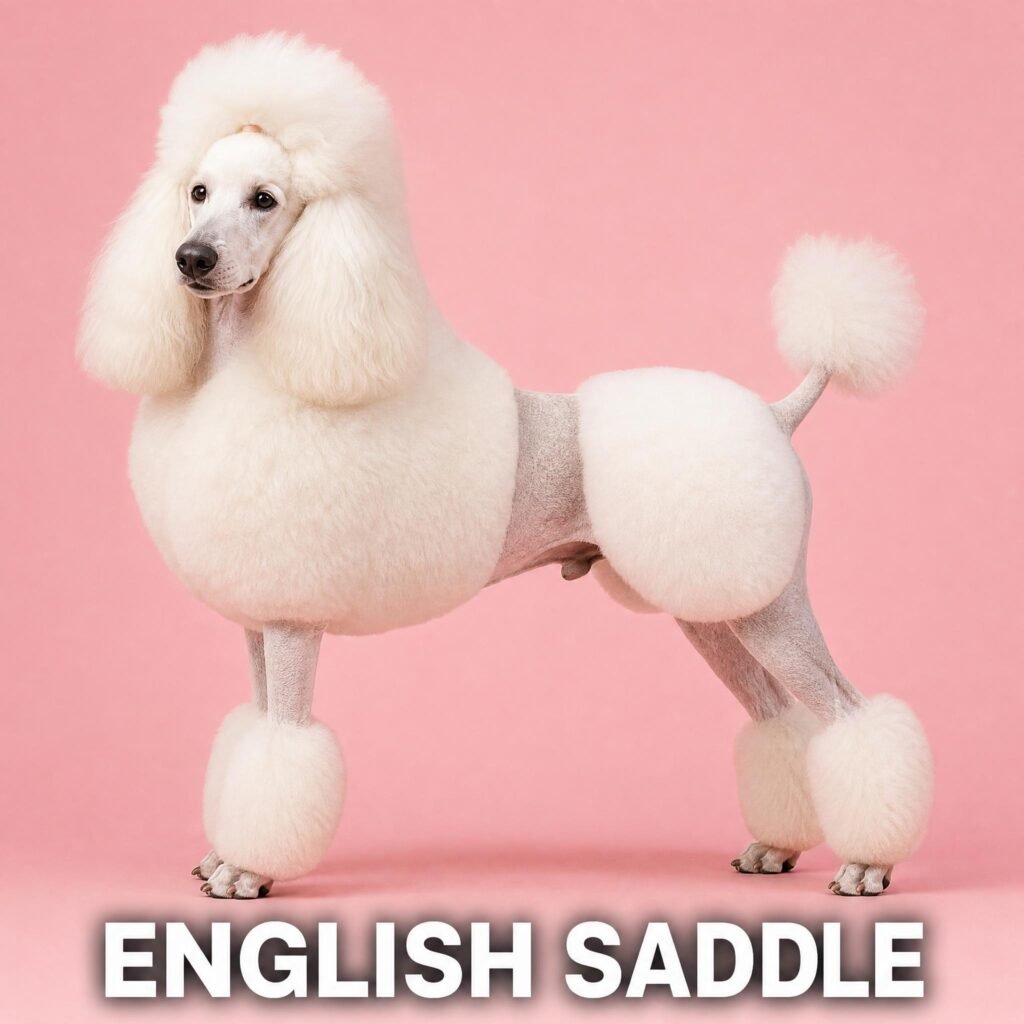 White show poodle in an English saddle clip
