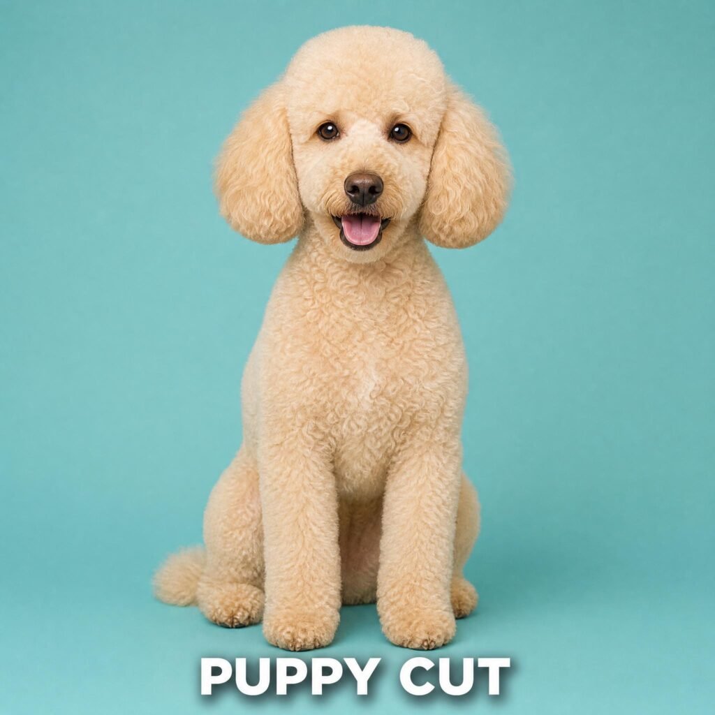 Cream poodle with a puppy cut