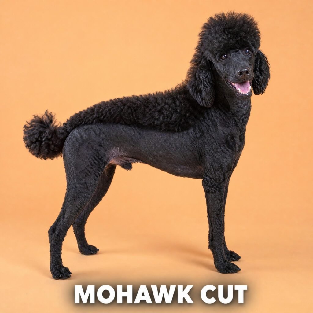 Black poodle with a mohawk cut