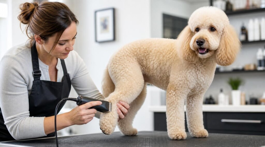 Professional groomer trimming a cream poodle leg with electric clippers