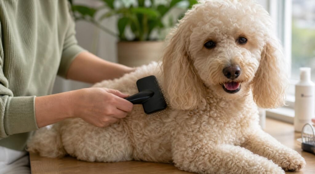 Brushing a cream poodle curly coat with a slicker brush at home
