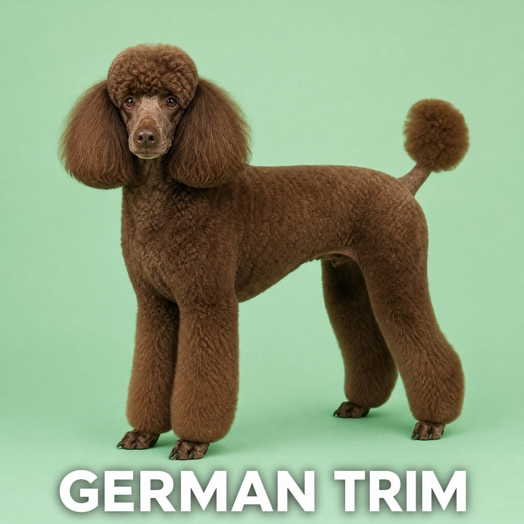 Brown poodle with a German trim