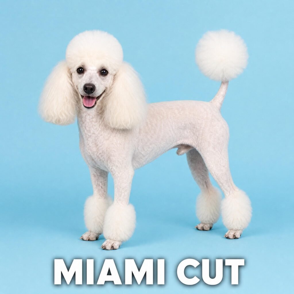 White poodle with a Miami cut with pom-poms