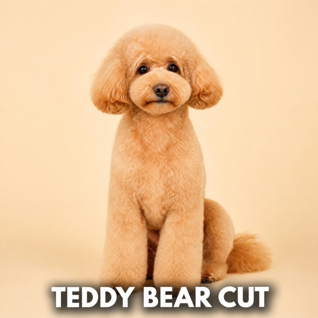 Apricot poodle with a teddy bear cut