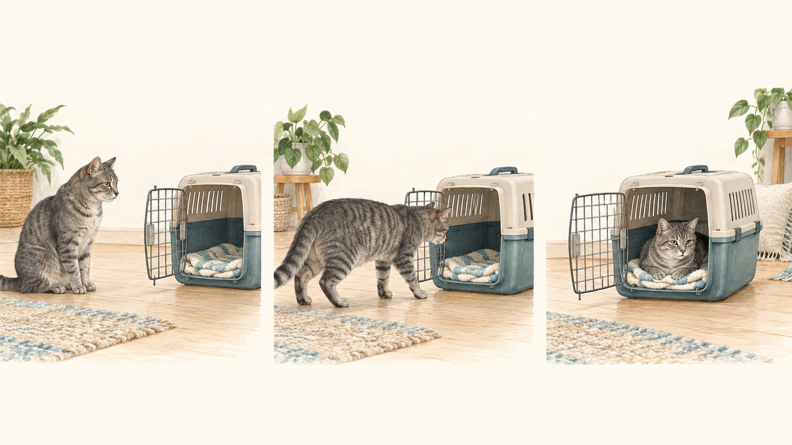 AI illustration of a tabby observing, approaching and resting in an open carrier across separate practice scenes.