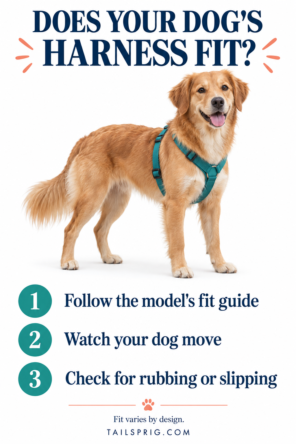 AI illustration of a dog in a teal harness, with a checklist to follow the fit guide, watch movement and check for rubbing or slipping.
