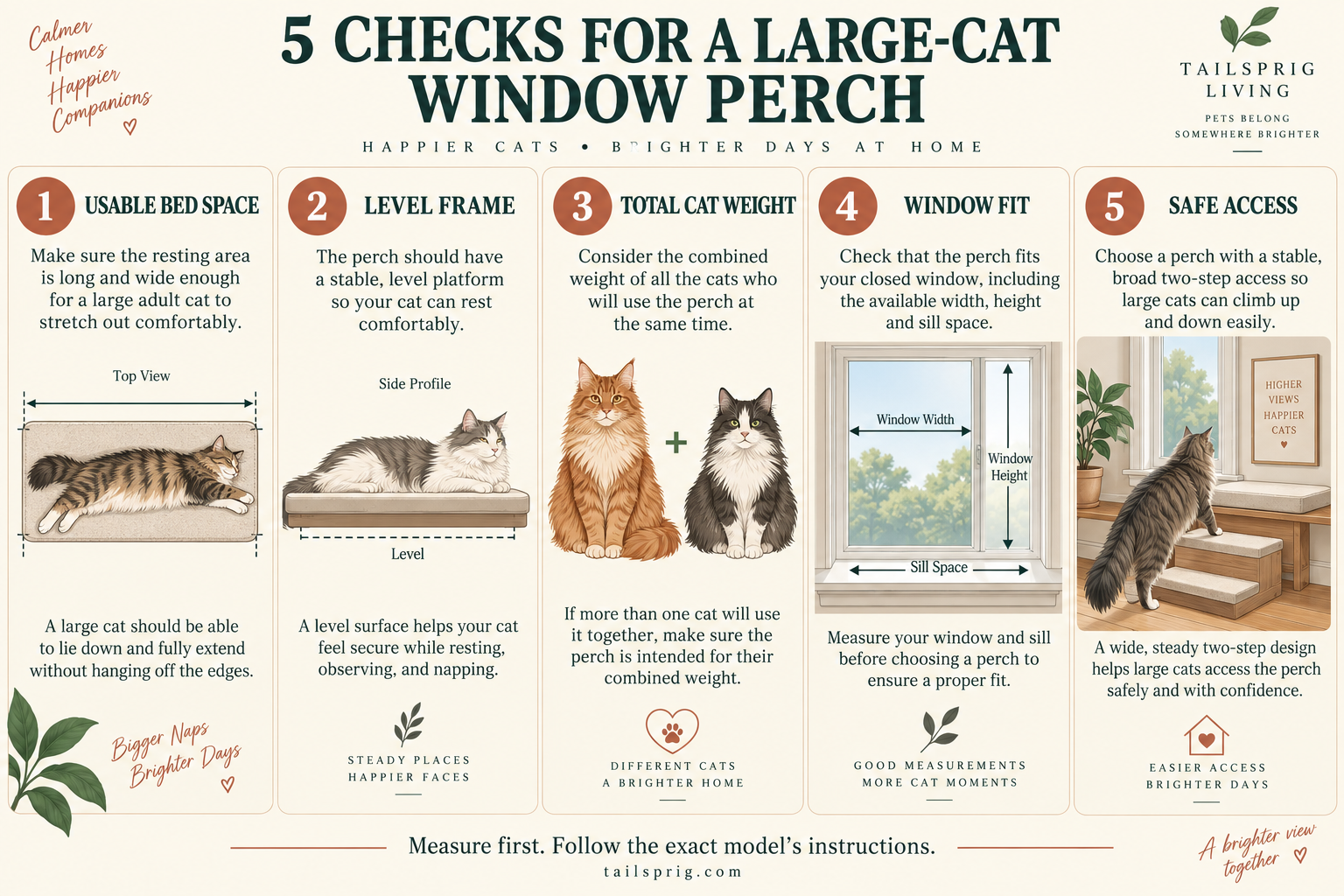 Illustrated checklist: usable bed space, level frame, total cat weight, window fit and safe access.