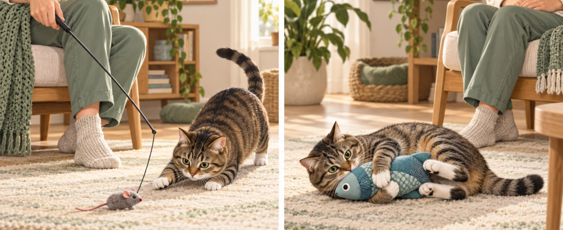 Two AI-generated scenes show a tabby following a wand's mouse lure away from a seated person's hands, then holding a plush kicker on the floor.