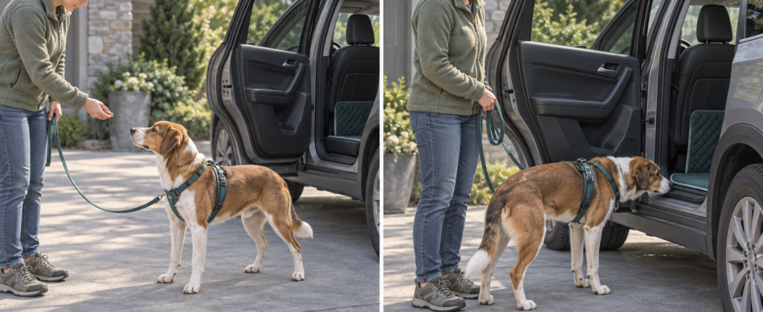 Two AI-generated scenes show a harnessed dog with a slack leash being rewarded beside a parked car, then sniffing its open rear doorway with all paws on the ground.