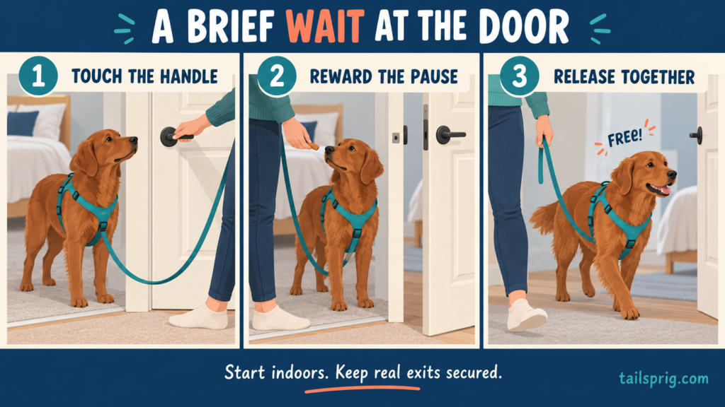 Three indoor doorway stages: a brown dog on a loose lead pauses at the handle, receives a reward beside the threshold and walks through after the release cue.