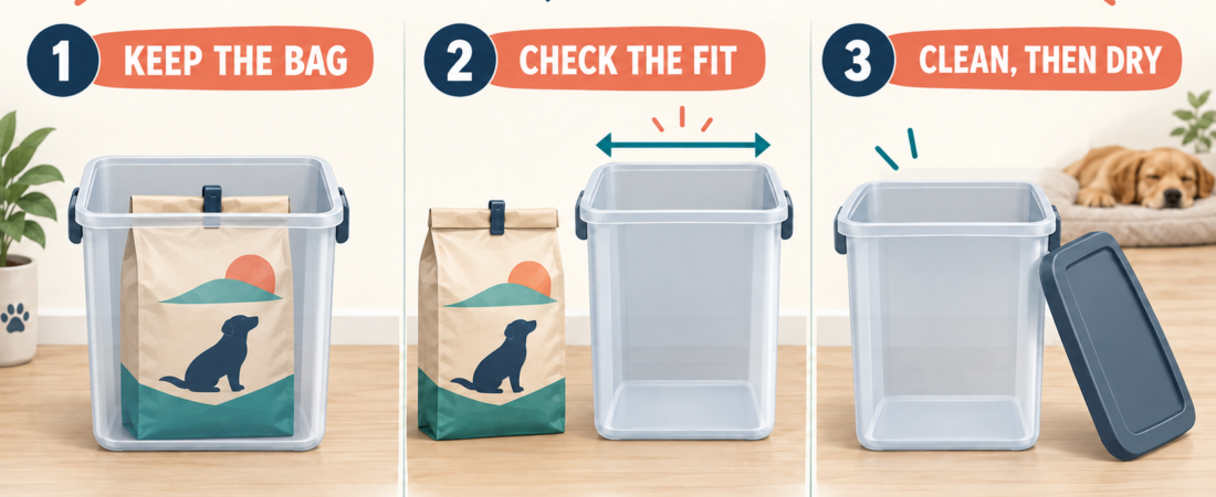 Three illustrated panels show a clipped original food bag inside a bin, the bag beside its opening for a fit check, and a clean dry empty bin with its lid aside.