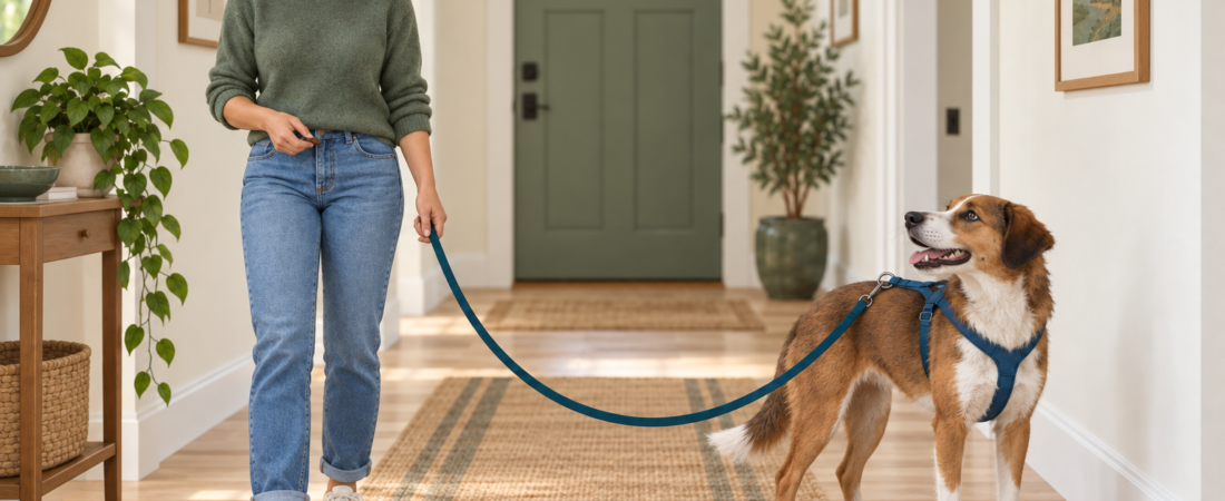 AI-generated photographic-style scene of a relaxed dog in a blue harness beside a handler, with a single leash hanging in a loose curve.